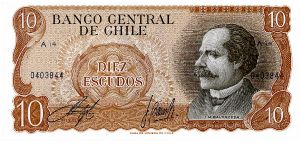 1967/76
10 Escudos
Brown/Black
J M Balmaceda
Peace of Maipu
WatermarkGeneral Bernardo O'Higgins Banknote