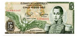 5 pesos oro 
Green/Brown
01/12/1980
Condor & Jose Maria Corboba 
Fortress at Cartagena Banknote