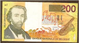 200 Francs.

Adolphe Sax at left, saxophone at right on face; saxophone players outlined at left, church, houses in Dinant outlined at lower right on back.

Pick #148 Banknote