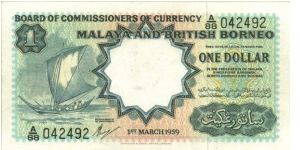 This a 1959 Malaya British Borneo $1 printed by Waterlow & Son but look again this is just a  reproduction by Money World (printed in the lower left corner). Most copy with the prefix A/88 in UNC condition are replica but put on sale as the real thing SO PLEASE BEWARE! Banknote