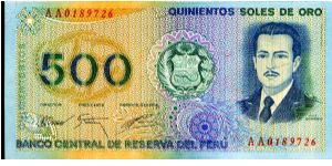22 July 1976
Purple/Green/Orange
500 Soles  
Value & Coat of Arms, Portrait of Jose Quinones
Jungle logging Banknote