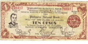 S-317b Iloilo 10 Pesos note error, Philippines mis-spelled on reverse. Philihhines. Banknote