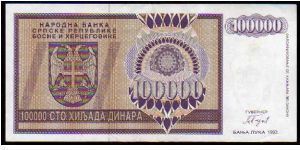 100'000 Dinara__
pk# 141__
Serbian Republic-Banja Luka Issue
 Banknote