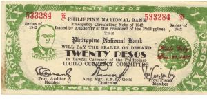 S-315 Iloilo 20 Pesos note with small auditor signature on front and broken P's in Philippines on reverse. Banknote