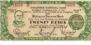 S-315 Iloilo 20 Pesos note with Plate #2 obverse, large Auditor signature, normal P's on reverse in Philippines. Banknote