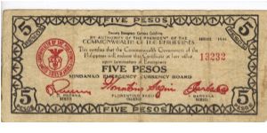 S-526a Mindanao 5 Pesos note Type 2, 3 circular ornaments in right border, printed from wooden plate previously used at Liangan. Small wide date. Banknote