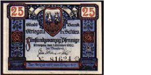 Notgeld

25 Pfenning (Blue)
Pk NL

(Striegau) Banknote