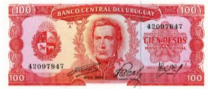 100 Pesos
Red
Coat of Arms & José Gervasio Artigas 1764 -1850
J G Artigas presiding over independence meeting 
Security Thread
T De La Rue Banknote