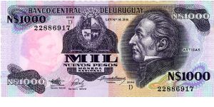 1000 New Pesos
Purple
Series D
Coat of Arms & José Gervasio Artigas 1764 -1850
Goverment Building
Security Thread
Watermark  J G Artigas
T De La Rue Banknote