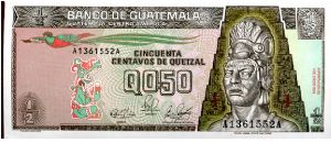 0.5 Quetzal
Brown/Green
Quetzal bird, seated figure & Tecun Uman  
Tikal Temple 
CBN Banknote