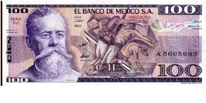 100 Pesos
Purple
Series VJ
V Carranza & La Trinchera - a mural painting by Jose
Clemente Orozco
Artifacts from Tula, Hidalgo; Chac Mool statue at Chichen Itza Banknote