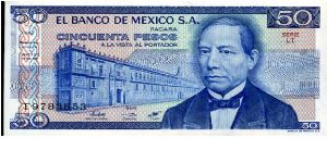 50 Pesos
Blue
Series LT
Building & Benito Pablo Juárez
Urna Zapoteca, Aztec God Banknote