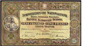 5 Francs_
Pk 11 o (2)_
22-02-1951_
signatures: Müller / Rossy / Blumer Banknote