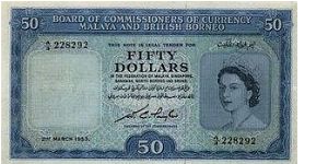 50 Dollar dated 21st March 1953 w/ serial No:A/3 228292

Obverse:The portrait of Queen Elizabeth II with the tiger head watermark 

Reverse:The emblems of the then 15 states i.e. Pahang, Perak, Malacca, Brunei, Kedah, Sarawak, Kelantan, Singapore, Perlis, Perlis, Sabah, Johore, Terengganu, Penang, Selangor, Negeri Sembilan

Signed by:WC Taylor

Printed by:Bradbury Wilkinson & Co Ltd Banknote