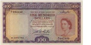 100 Dollar dated 21st March 1953 w/ serial No:A/1 002440

Obverse:The portrait of Queen Elizabeth II with the tiger head watermark 

Reverse:The emblems of the then 15 states i.e. Pahang, Perak, Malacca, Brunei, Kedah, Sarawak, Kelantan, Singapore, Perlis, Perlis, Sabah, Johore, Terengganu, Penang, Selangor, Negeri Sembilan

Signed by:WC Taylor

Printed by:Bradbury Wilkinson & Co Ltd Banknote