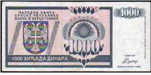 1000 Dinara__
Pk 137__

Serbian Republic-Banja Luka Issue
 Banknote