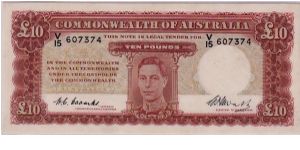 COMMONWEALTH OF AUSTRALIA--
 10 POUNDS,KG VI
 A FINE NOTE FOR GEORGE. Banknote