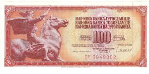 Red on multicolour underprint. Equestrian statue peace of Augustinic in garden of United Nations, Hew York at left. Banknote