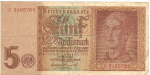 3rd Reich. Notice swastika seal next to the number 5 Banknote