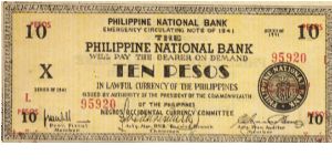 S-627b RARE Negros Occidental 10 Pesos note in series, 20 of 20. Banknote