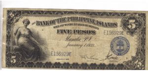 PI-22 Bank of the Philippine Islands 5 Pesos note. I will trade this note for Philippine or Japan Occupation notes I need. Banknote