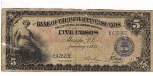 PI-22 Bank of the Philippine Islands 5 Pesos note. I will trade this note for Philippine or Japan Occupation notes I need. Banknote