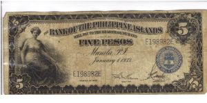 PI-22 Bank of the Philippine Islands 5 Pesos note. I will trade this note for Philippine or Japan Occupation notes I need. Banknote