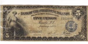 PI-22 Bank of the Philippine Islands 5 Pesos note. I will trade this note for Philippine or Japan Occupation notes I need. Banknote