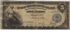 PI-22 Bank of the Philippine Islands 5 Pesos note. I will trade this note for Philippine or Japan Occupation notes I need. Banknote