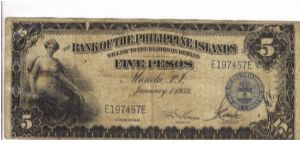 PI-22 Bank of the Philippine Islands 5 Pesos note. I will trade this note for Philippine or Japan Occupation notes I need. Banknote