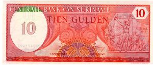 10 Gulden
Red
Value, Soldiers & women 
Value & Goverment Building
Wmk :toucan's head Banknote