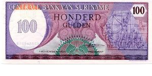 100 Gulden
Purple
Value, Soldiers & women 
Value & Goverment Building
Wmk :toucan's head Banknote