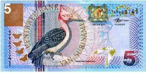 5 Gulden
Multi
Red Woodpecker & Coat of Arms, Bat
Bat & Passionflower
Security thread
Wmk Bank building
De La Rue Banknote