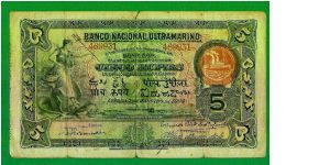 Portuguese India very , very rare 5 rupees from 1906 vf/fine Banknote