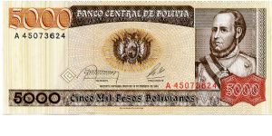 5000 peso boliviano 
Brown/Red
A series
10/02/1984
Coat of Arms & J B y Segurola    
Stylised Condor & Leopard  
Security thread
Watermark J B y Segurola 
Bundesdruckerei Banknote