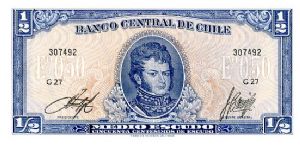 0.50 Escudos
Blue
Black serial number
Bernado O'Higgins
Arrival of Conquistidors in Chile
Watermark General Bernardo O'Higgins Banknote