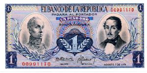 1 Peso
Blue/Pink
Simon Bolivar & Gen F de Paula Santander 
Liberty head, Condor & waterfall Banknote