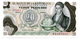 20 Pesos
Green/Brown
Francisco Jose de Caldas with globe 
Liberty head & Balsa Musica from Gold Museum Banknote