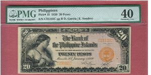 20 Pesos Bank of the Philippine Islands P-15 graded by PMG as Extremely Fine 40. Banknote