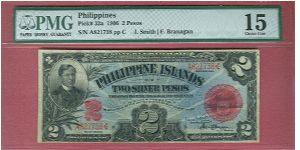 2 Pesos Silver Certificate P-32a graded by PMG as Choice Fine 15. Banknote