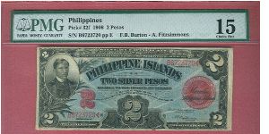 2 Pesos Silver Certificate P-32f graded by PMG as Choice Fine 15. Banknote