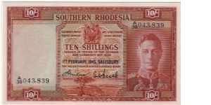 SOUTHERN RHODESIA-
 10/- FOR KGVI IN THE AFRICAN STATE Banknote