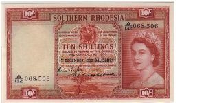 SOUTHERN RHODESIA-
 10/- A RARE BIRD IN AFRICA Banknote