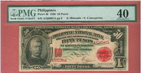 Fifty pesos PNB Circulating Note P-49 graded by PMG as Extremely Fine 40. Banknote