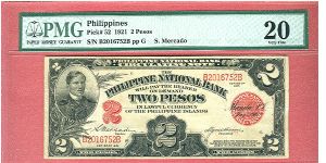 Two Pesos PNB Circulating Note P-52 graded by PMG as Very Fine 20. Banknote
