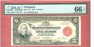 Five Pesos PNB Circulating Note P-57 graded by PMG as Gem UNC 66 EPQ. Banknote