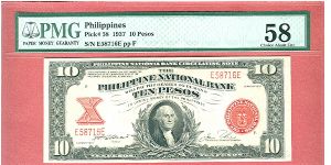 Ten Pesos PNB Circulating Note P-58 graded by PMG as Choice About UNC 58. Banknote