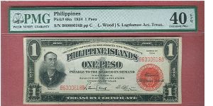 One Peso Treasury Certificate P-68a graded by PMG as Extremely Fine 40 EPQ. Banknote