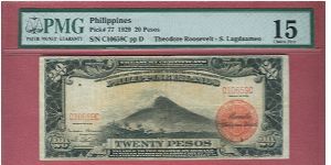 Twenty Pesos Treasury Certificate P-77 graded by PMG as Choice Fine 15. Banknote