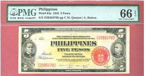 Five pesos Treasury Certificate P-83a graded by PMG as Gem UNC 66 EPQ. Banknote